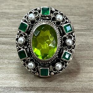 Nicky Butler Sterling Silver Peri Green Quartz, Pearl Multi Gemstone Flower Ring